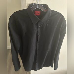 HUGO BOSS XXL Black Button-Up Shirt Red Checkered Logo Sleeve Streetwear